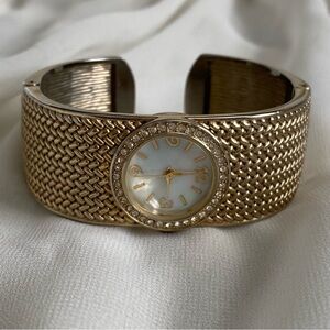 Vintage Gold Cuff Mother of Pearl Woven Metal Crystal Bezel Statement Watch